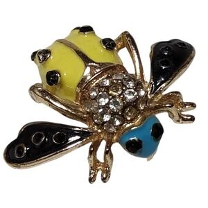Honey Bee Enamel Brooch Pin Bumblebee Yellow Black Blue Faceted Rhinestones 1 In